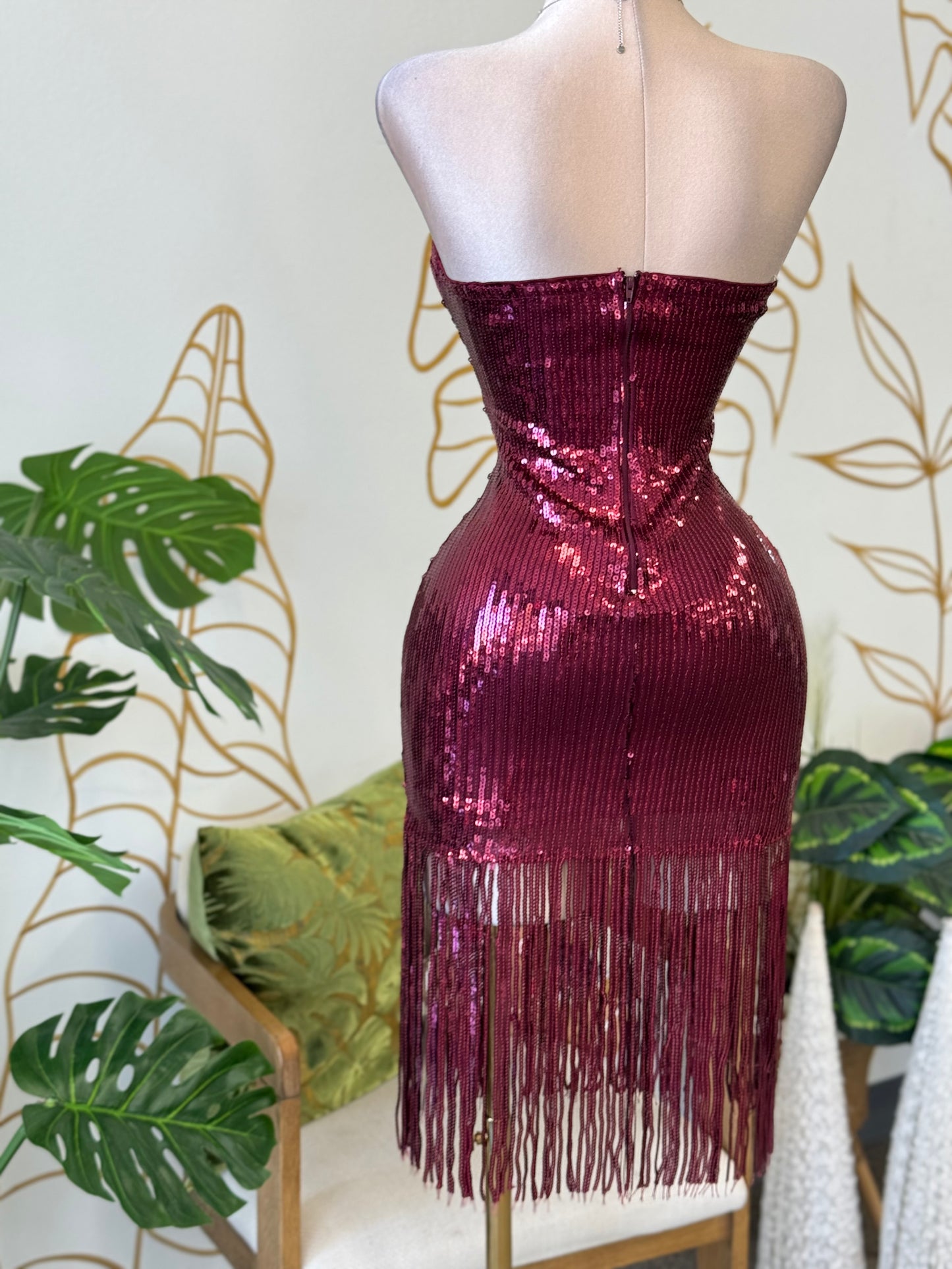 Wine Fringe Sequin Dress