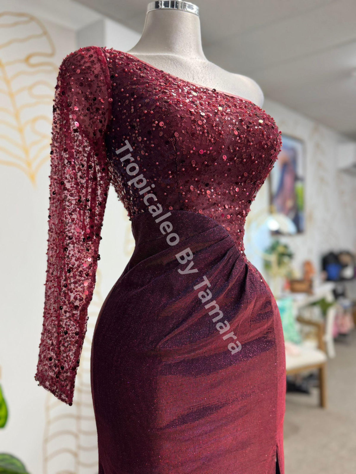 Wine Shimmer Sequin One-Shoulder Dress