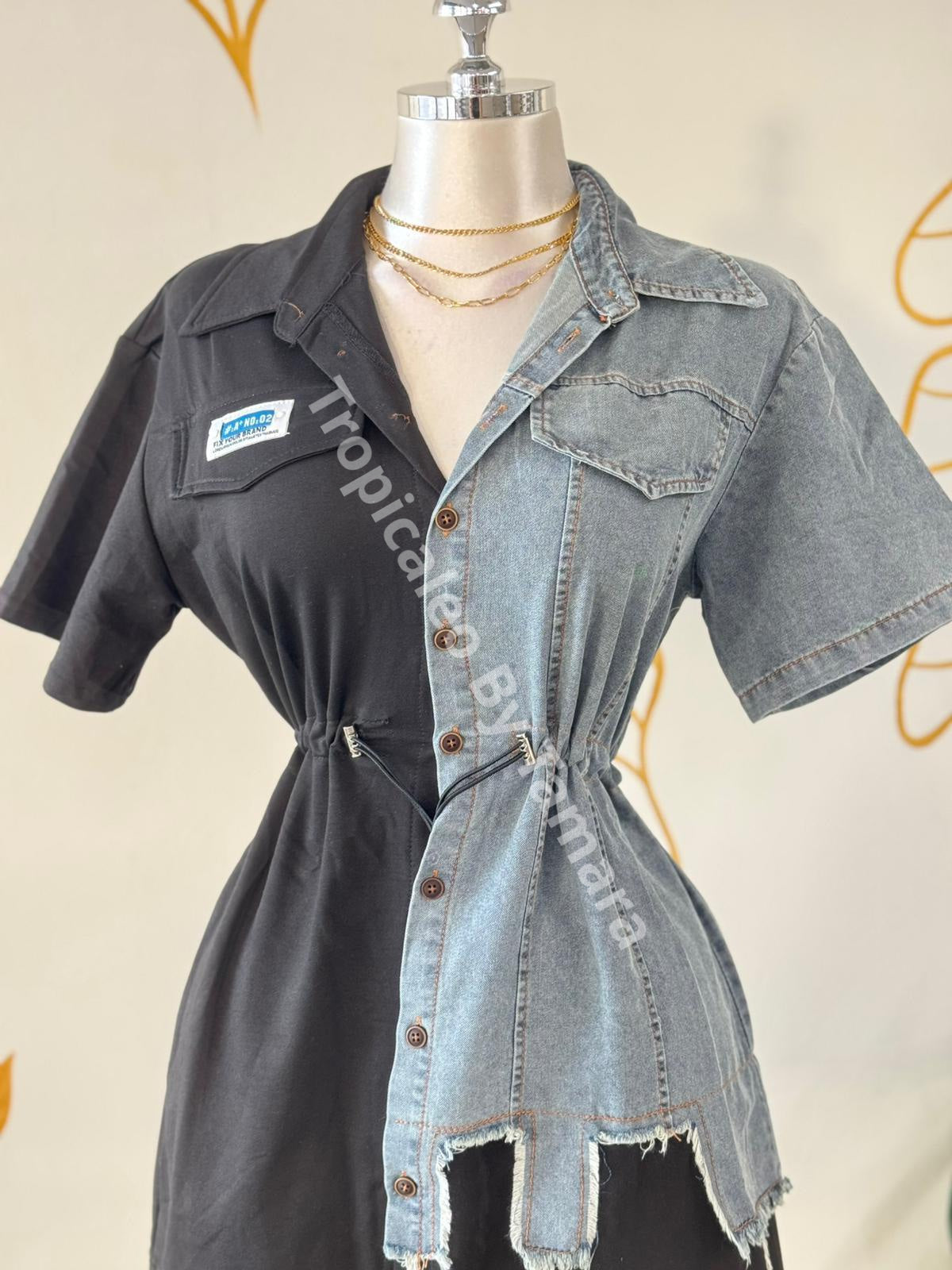 Split Combination Denim Mini Dress
