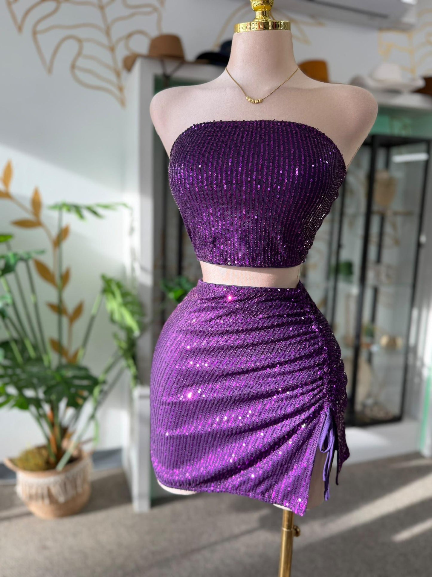 Set 2 Piezas de Lentejuelas Violeta — Top Tubo y Falda Fruncida