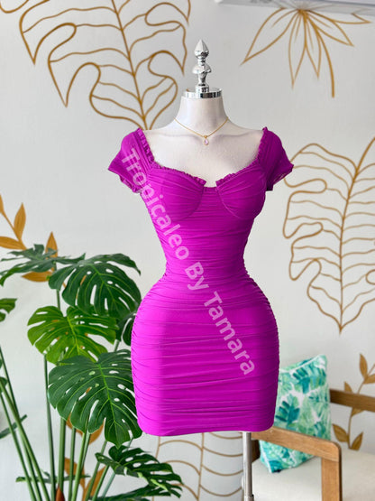 Ruched Mesh Off-Shoulder Dress
