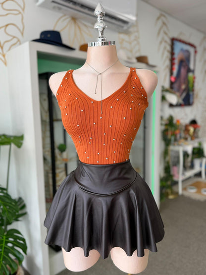 Crop Top Terracota Acanalado con Rhinestones