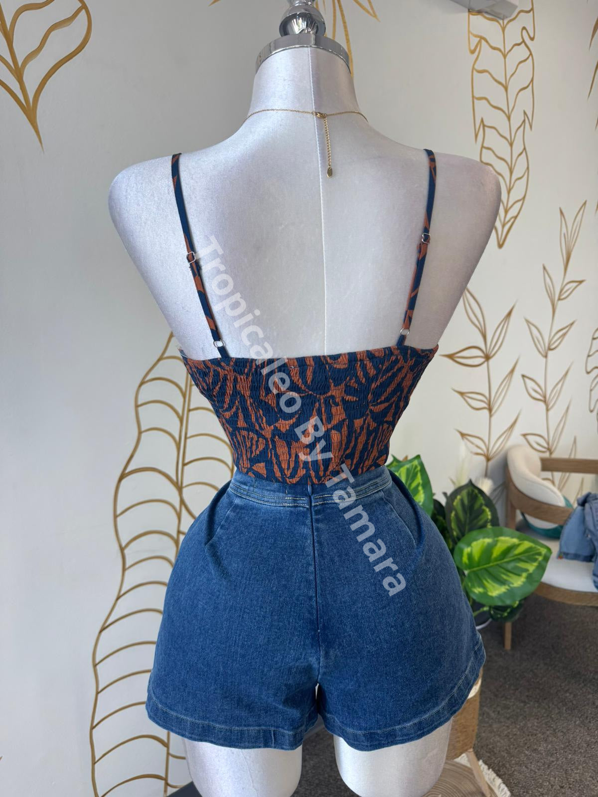 Tropical Brown & Blue Tie Crop Top