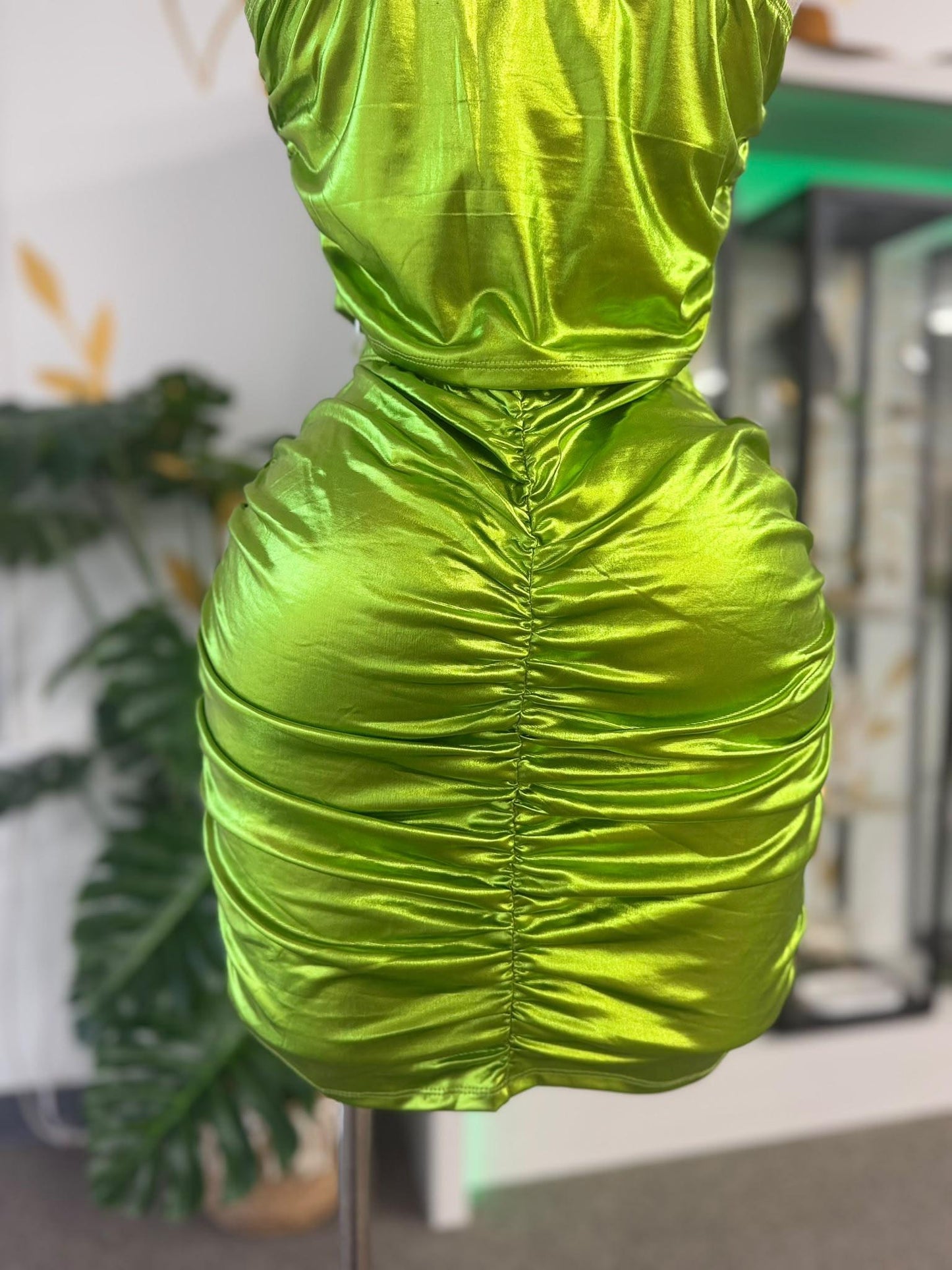 Lime Metallic Ruched Zip-Up Set