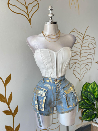Metallic Cargo Denim Shorts