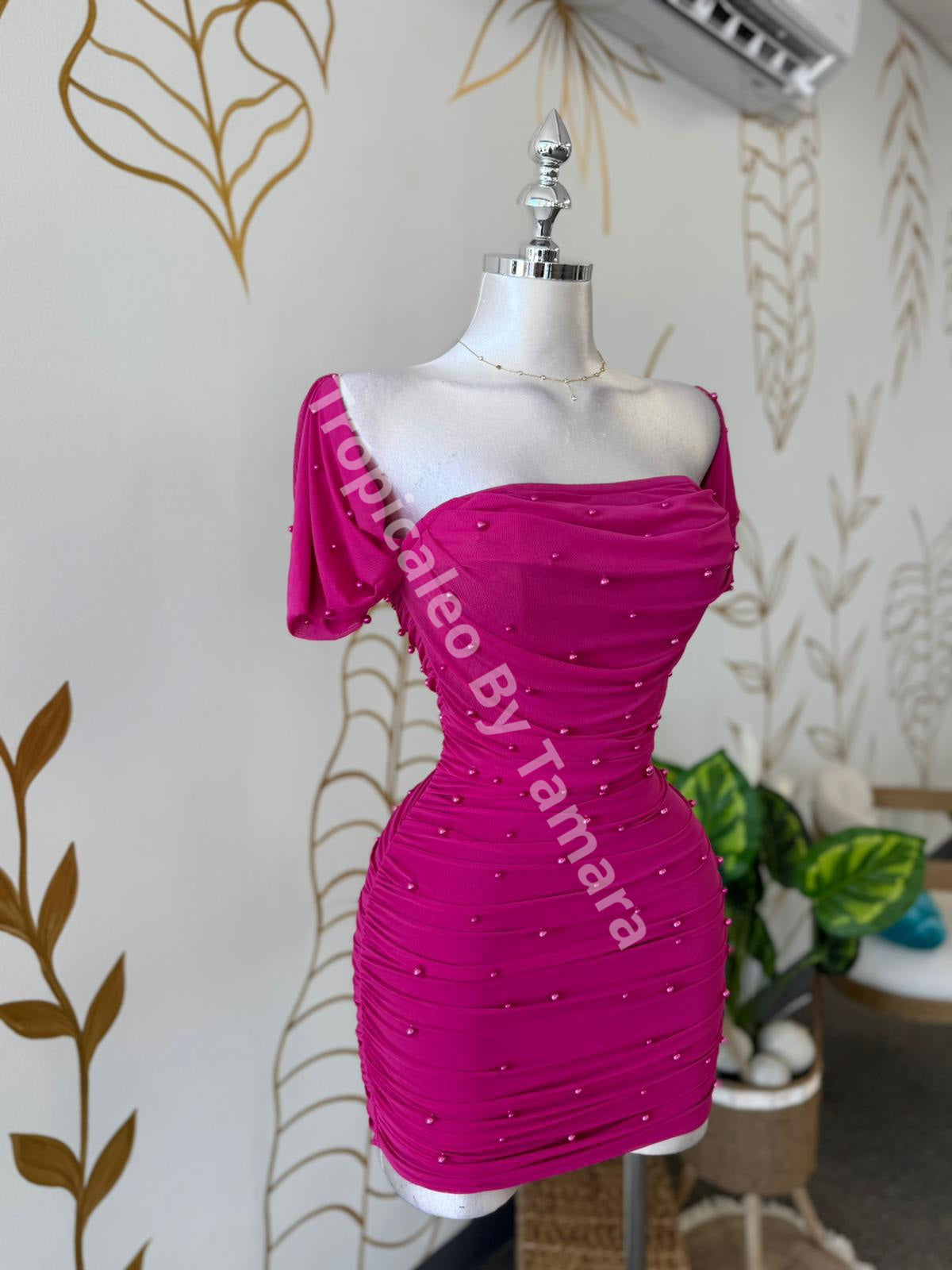 Magenta Pearl Off Shoulder Mini Dress
