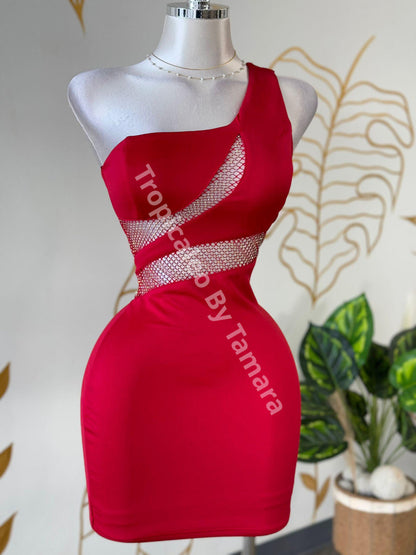 Red Rhinestone One-Shoulder Mini Dress