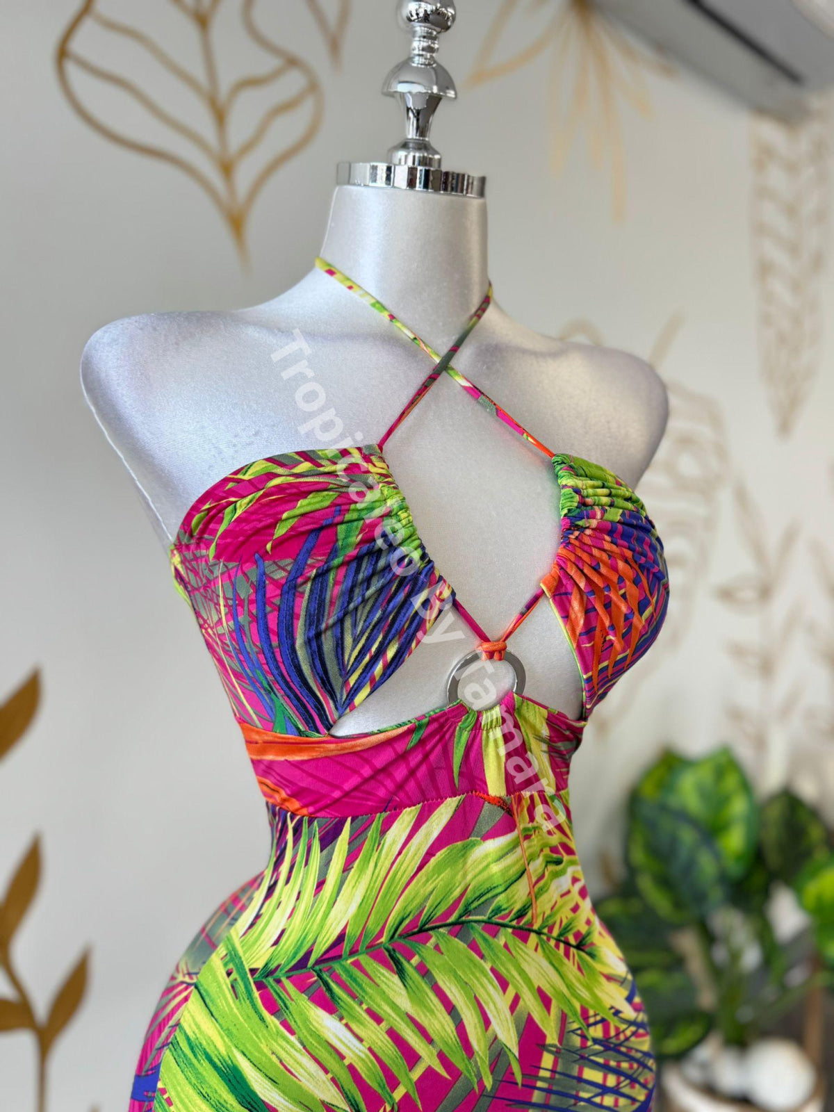 Tropical Print Halter Cutout Mini Dress