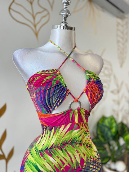 Tropical Print Halter Cutout Mini Dress