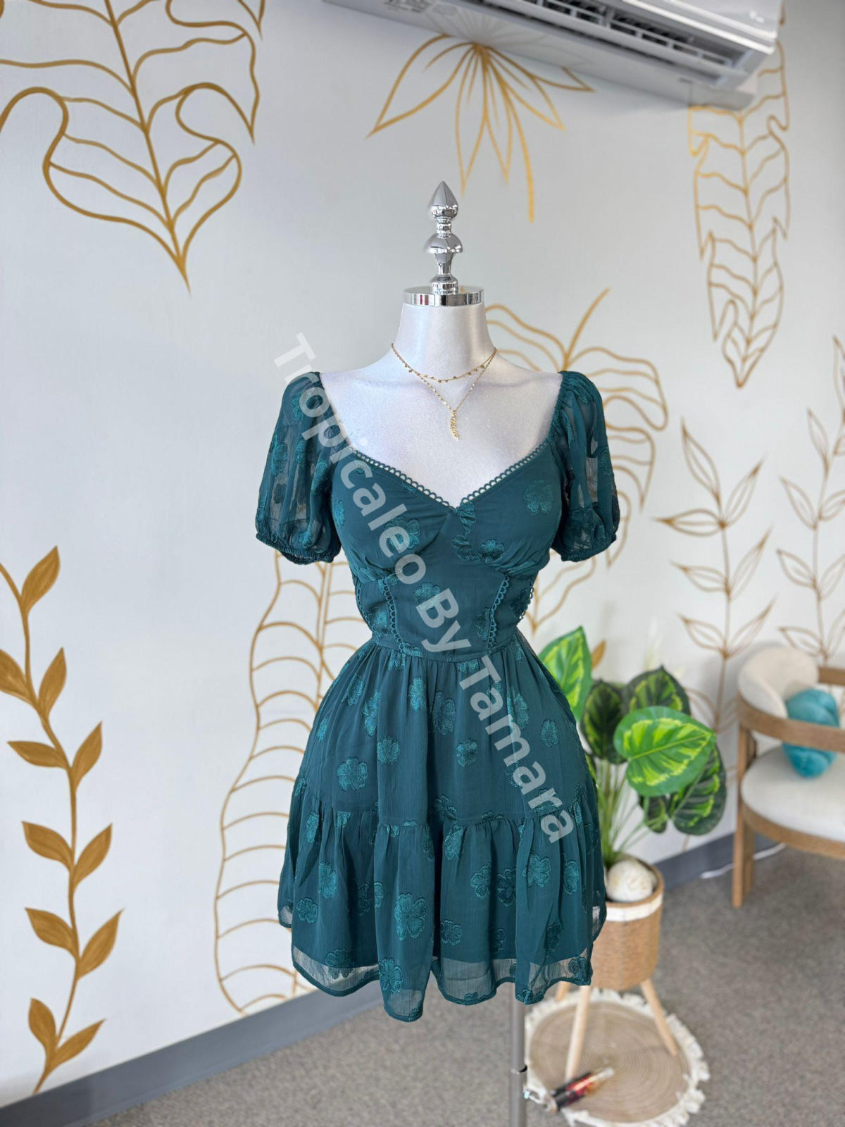 Hunter Green Floral Garden Short Sleeve Dress
