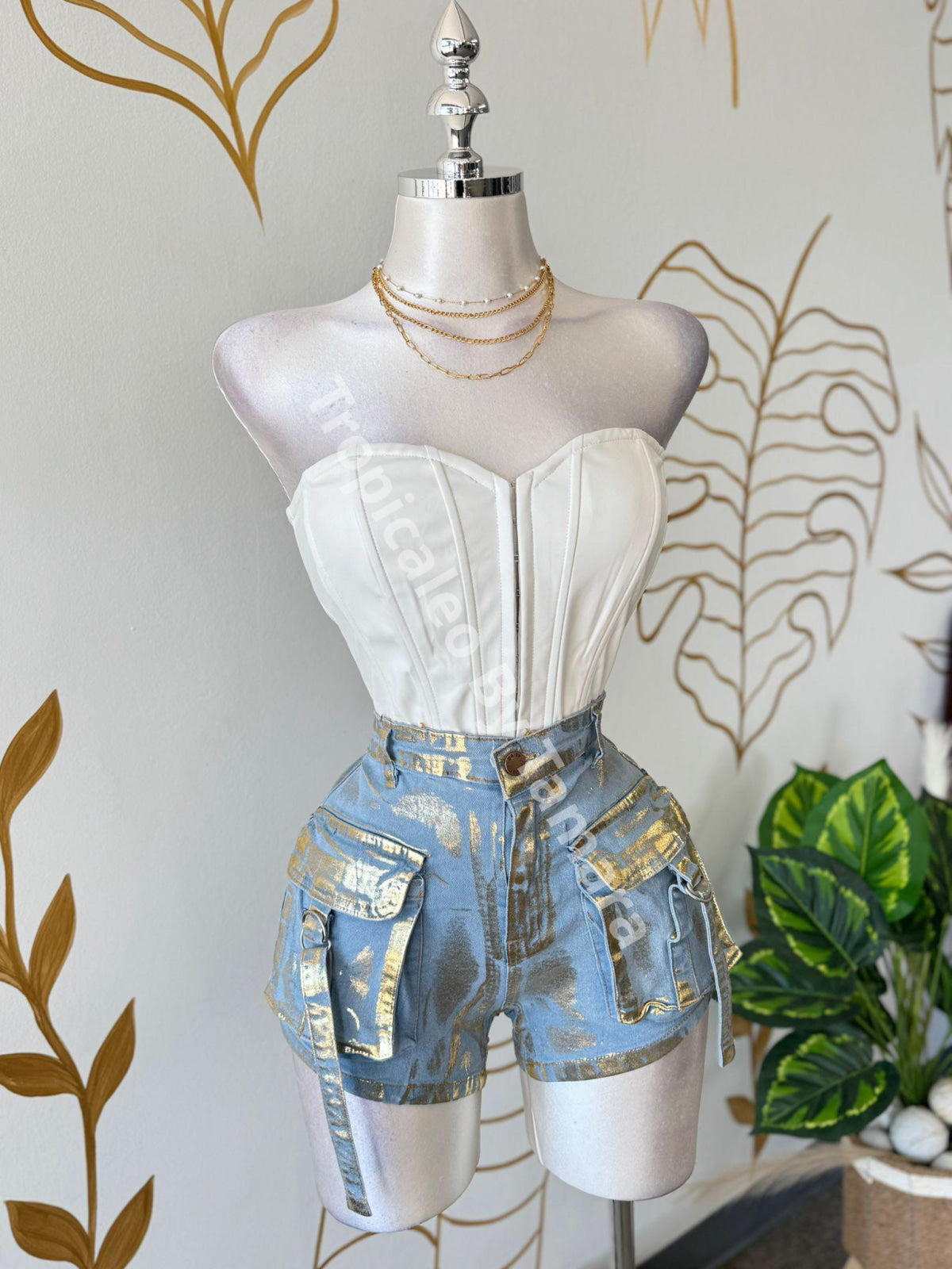 Metallic Cargo Denim Shorts