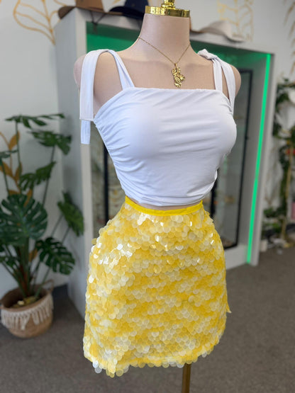 Falda Mini Amarilla de Lentejuelas Grandes con Zipper