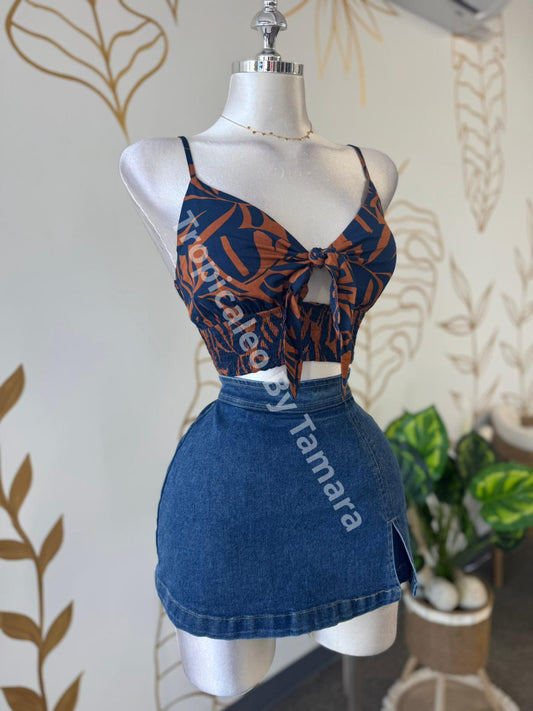 Tropical Brown & Blue Tie Crop Top
