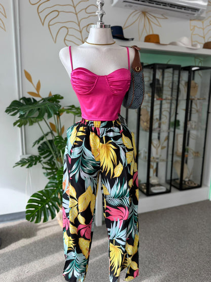 Corset Top Rosa Fucsia Satinado con Copas y Manguillos