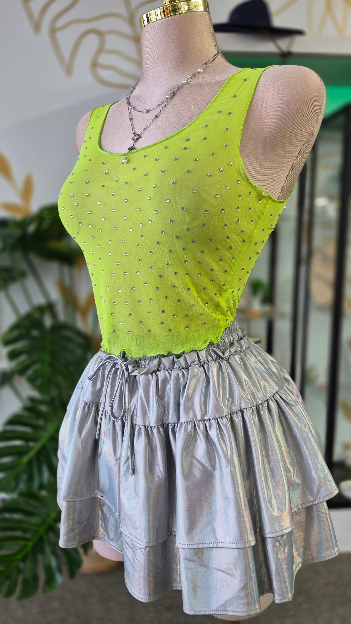 Top Mesh Verde Lima con Rhinestones – Transparenta