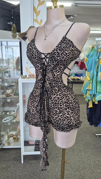 Romper Animal Print Leopardo con Amarre Corset y Espalda Cage