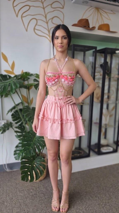 Top de Cadenas con Piedras Rosa – Body Chain con Colgantes