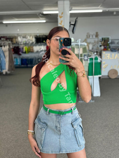 One-Shoulder Crop Top Onesize Verde Oscuro /