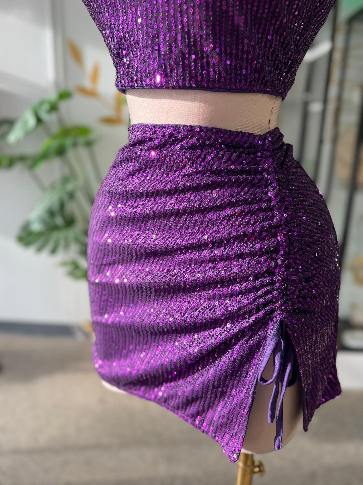 Set 2 Piezas de Lentejuelas Violeta — Top Tubo y Falda Fruncida
