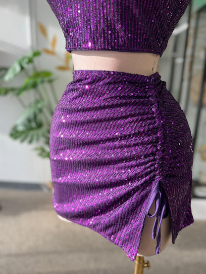 Set 2 Piezas de Lentejuelas Violeta — Top Tubo y Falda Fruncida