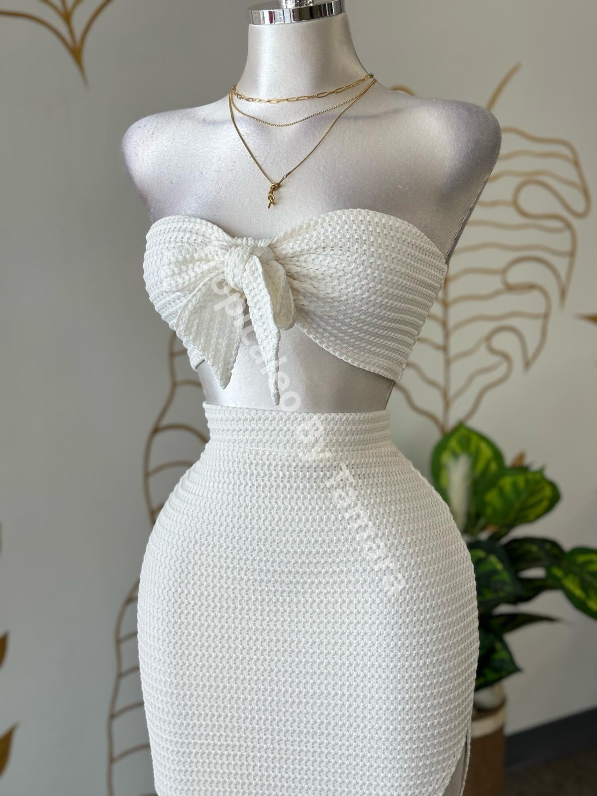 Summer Textured Glow Knit Bow Top & Skirt Set