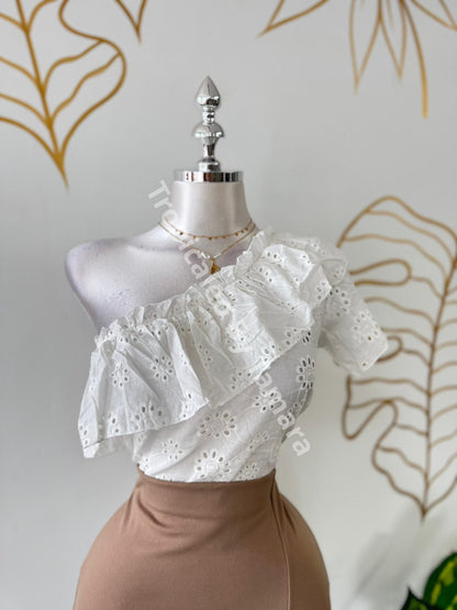 One Shoulder Ruffle Top Large / Blanco