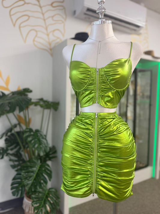 Lime Metallic Ruched Zip-Up Set