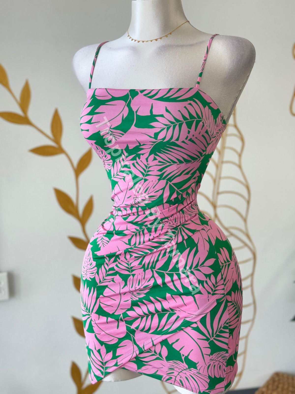 Green & Pink Palm Mini Dress