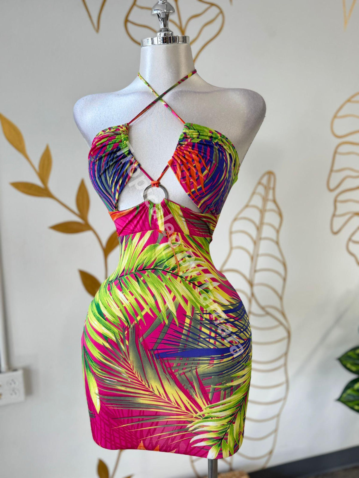 Tropical Print Halter Cutout Mini Dress
