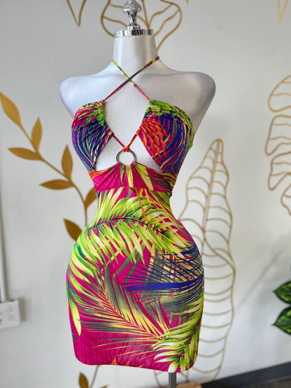 Tropical Print Halter Cutout Mini Dress