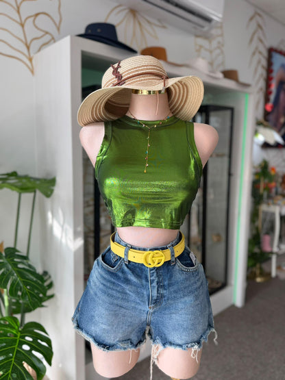 Crop Top Verde Metálico Holográfico Cuello Alto Sin Mangas