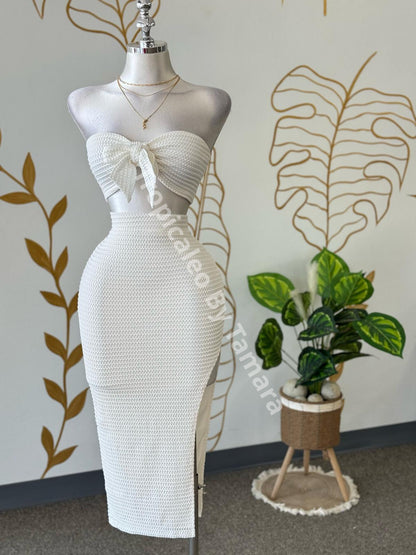 Summer Textured Glow Knit Bow Top & Skirt Set