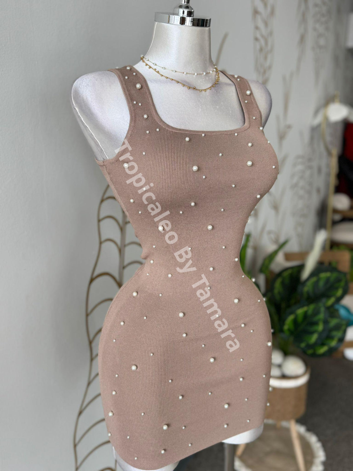 Pearl Bodycon Dress Large / Nude