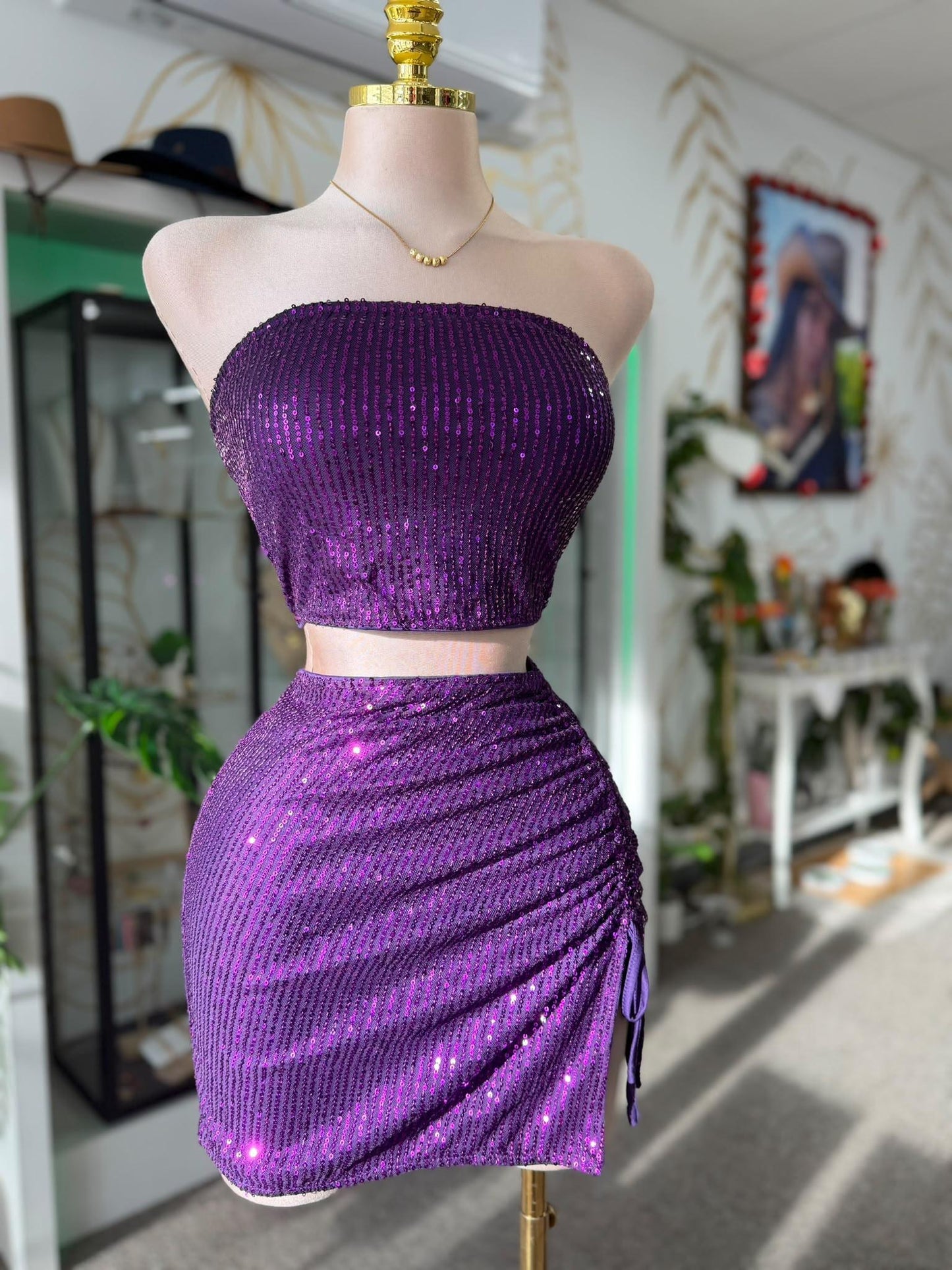 Set 2 Piezas de Lentejuelas Violeta — Top Tubo y Falda Fruncida