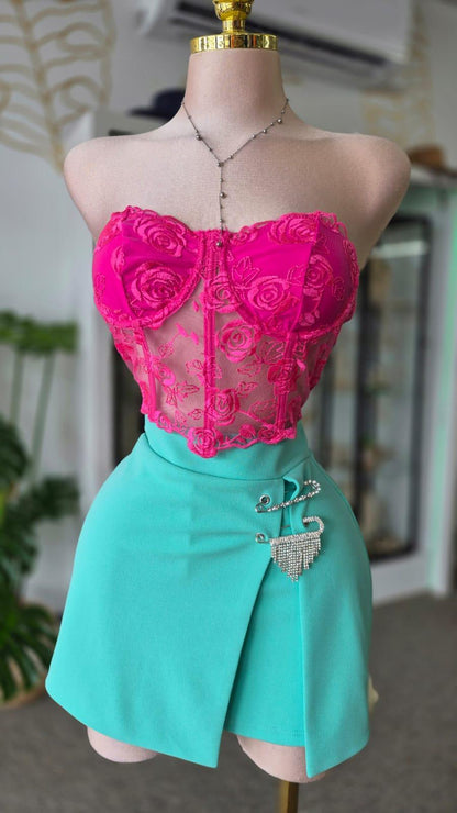 Top Corset Rosa con Encaje Floral y Espalda Mesh