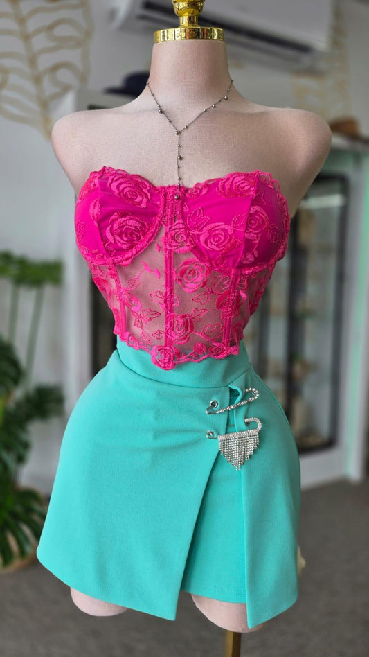 Top Corset Rosa con Encaje Floral y Espalda Mesh