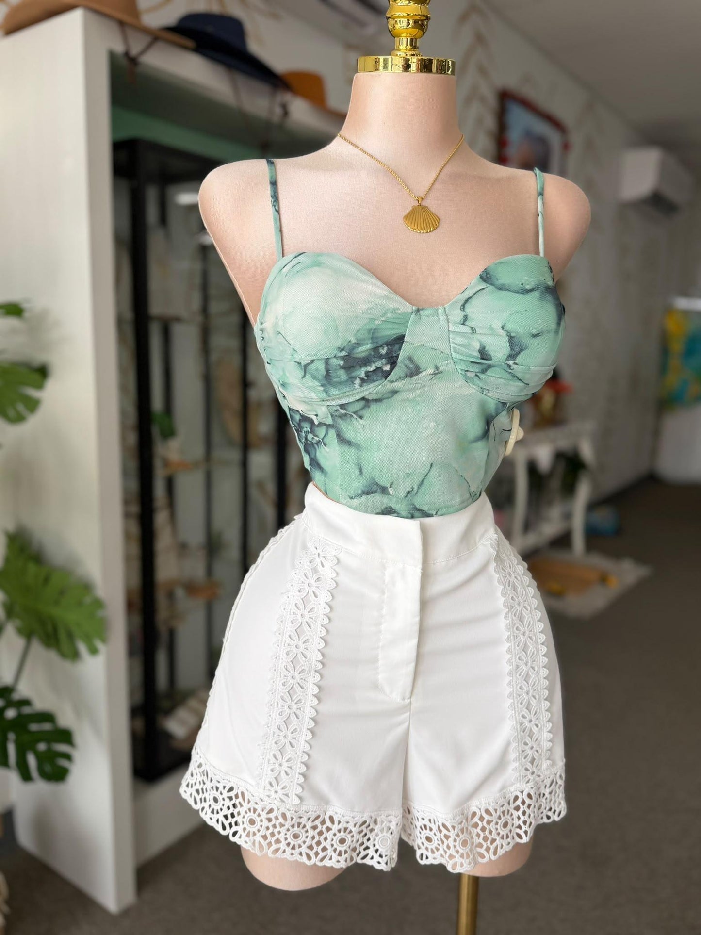 Corset Top de Malla Verde Mármol con Manguillos Ajustables