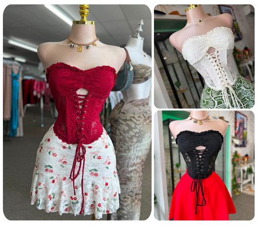 Corset Top Strapless de Encaje con Amarre al Frente — 3 Colores