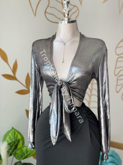 Silver Glam Wrap Top
