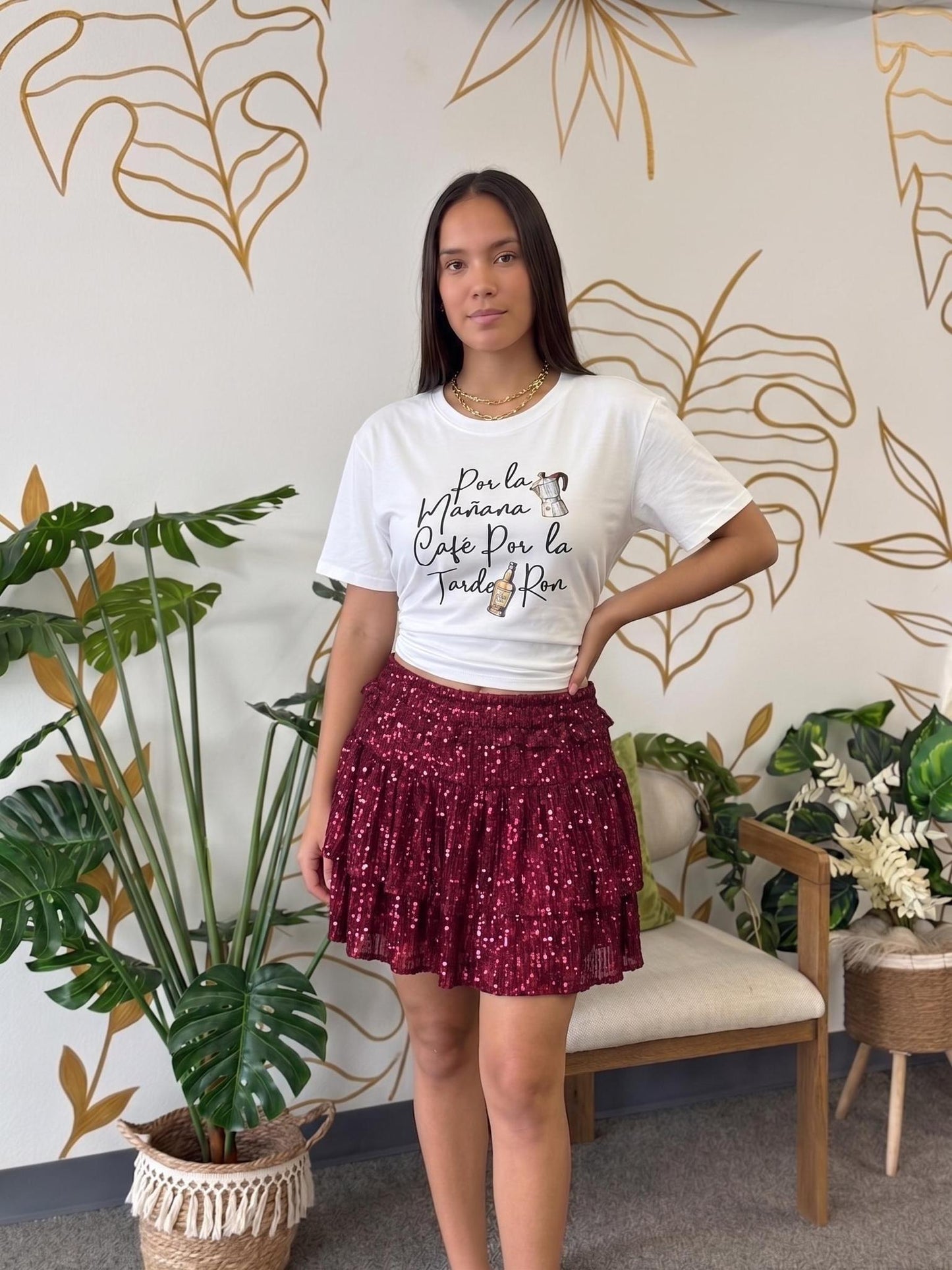 Skort de Lentejuelas Vino Burgundy con Volantes Escalonados
