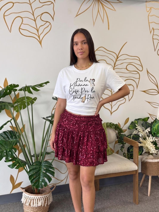 Skort de Lentejuelas Vino Burgundy con Volantes Escalonados