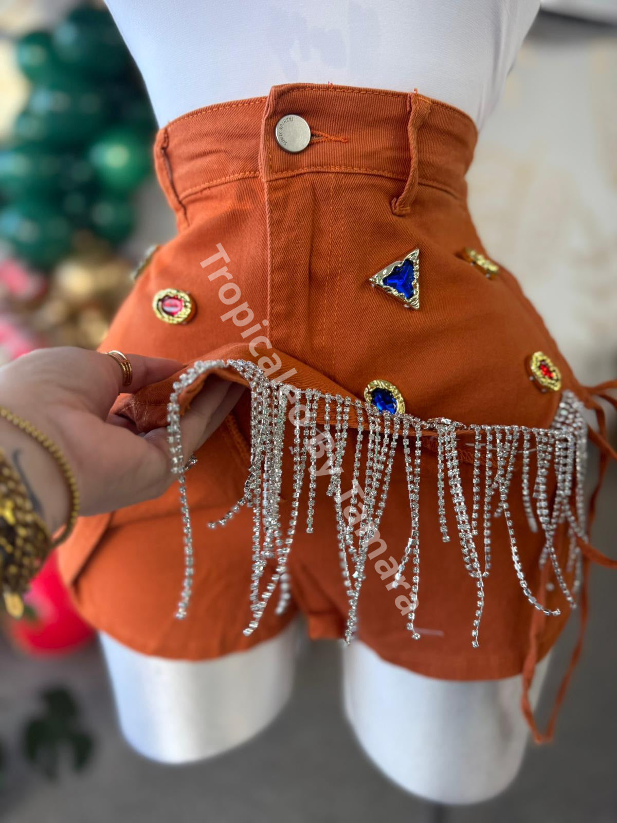 Rust Denim Skort With Rhinestone Trim
