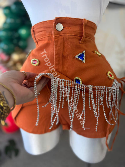 Rust Denim Skort With Rhinestone Trim
