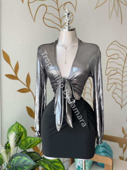 Silver Glam Wrap Top