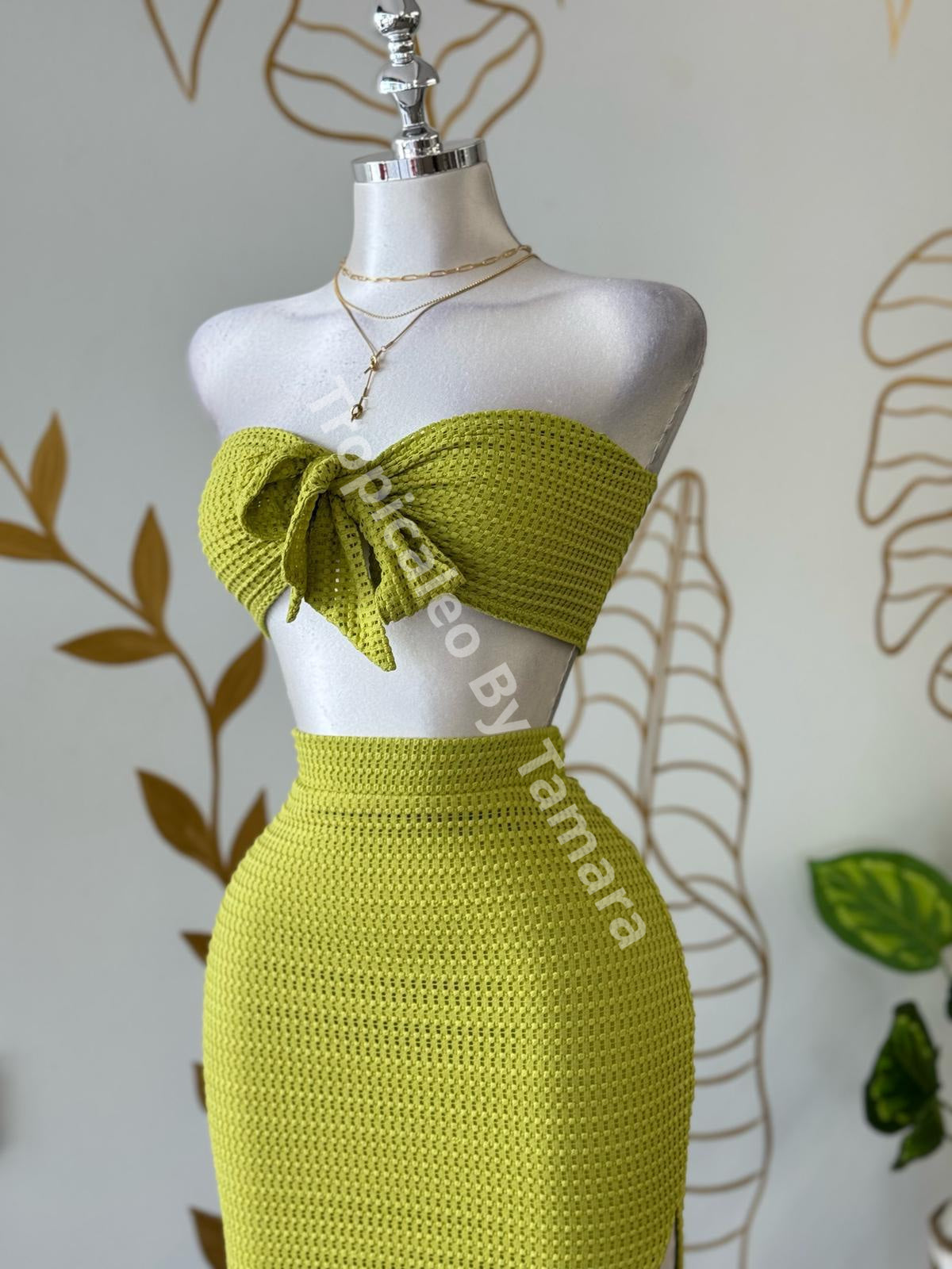 Summer Textured Glow Knit Bow Top & Skirt Set