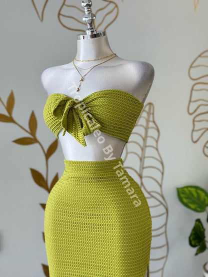 Summer Textured Glow Knit Bow Top & Skirt Set