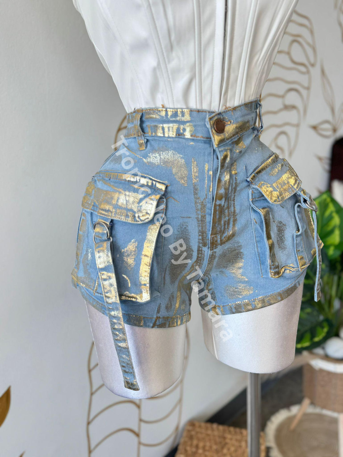 Metallic Cargo Denim Shorts Small