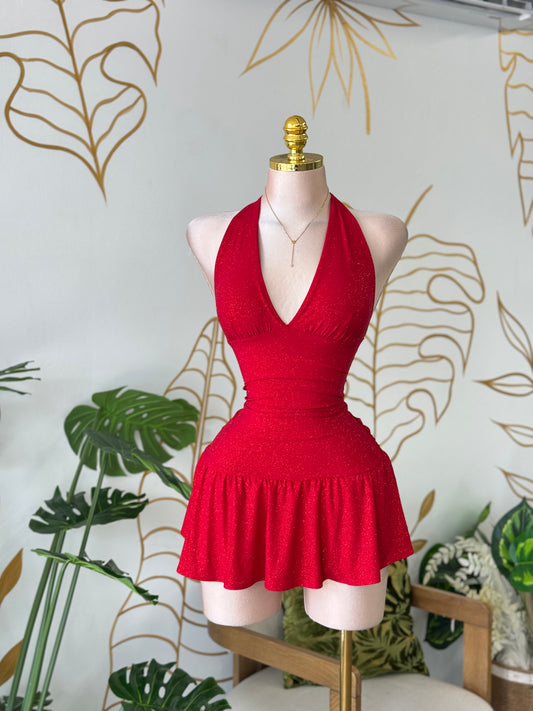 Sparkling Red Halter Romper
