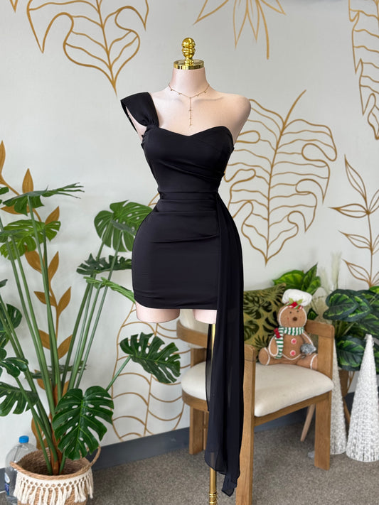 Midnight Draped One-Shoulder Dress