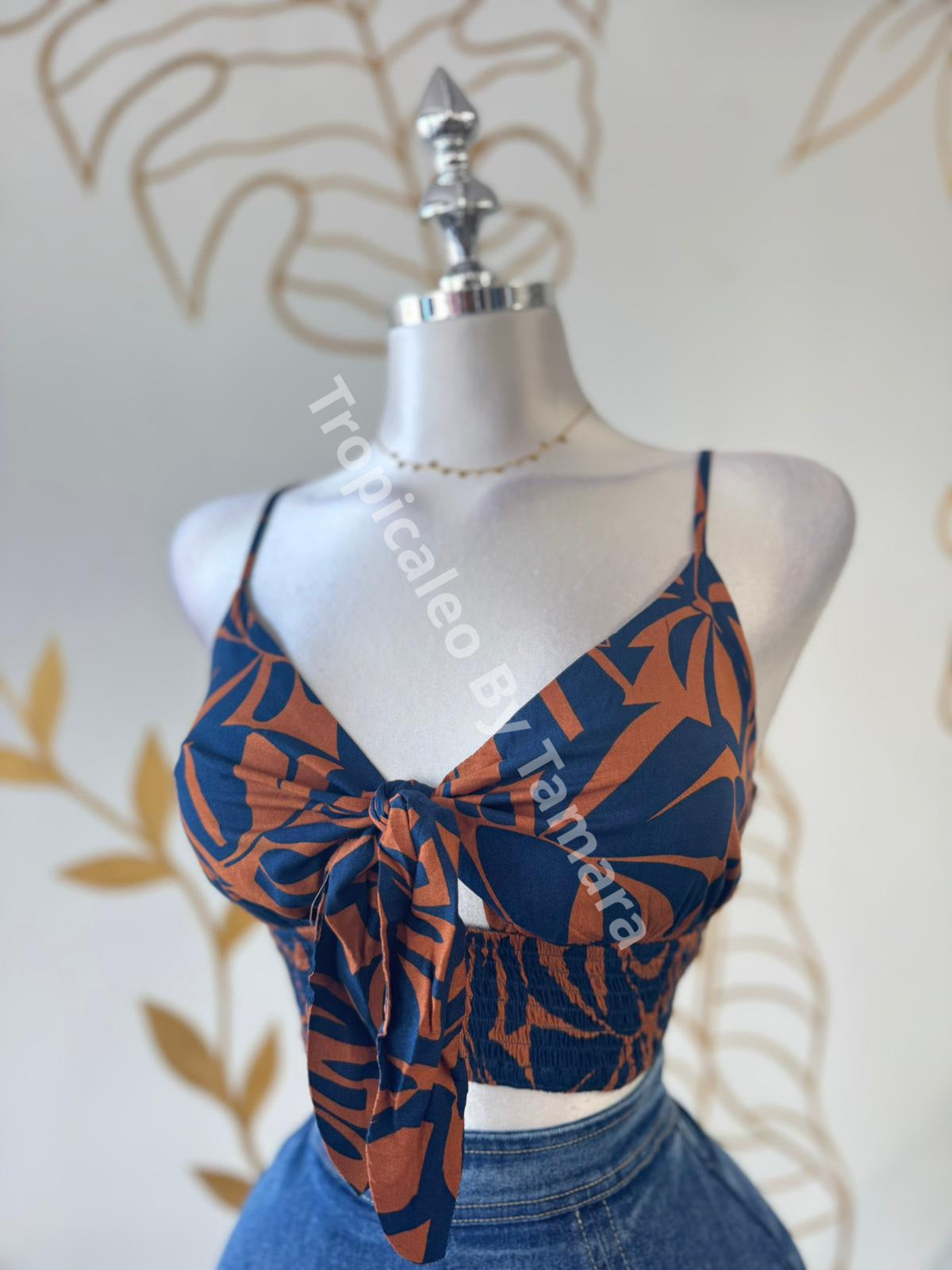 Tropical Brown & Blue Tie Crop Top